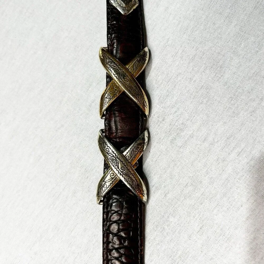Brighton Western Belt in Brown with sliding metal Xs and silver studs, Tarnished